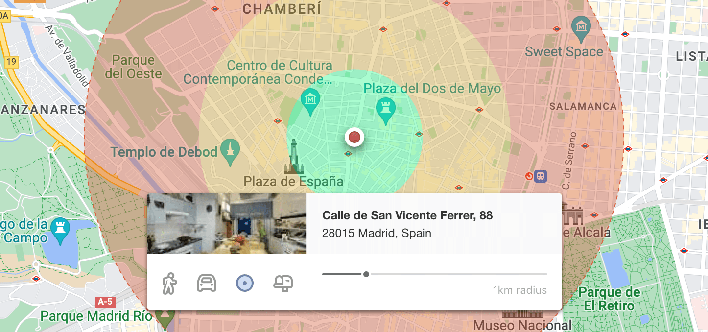 Catchment area created by radius, showing a circular area on the map