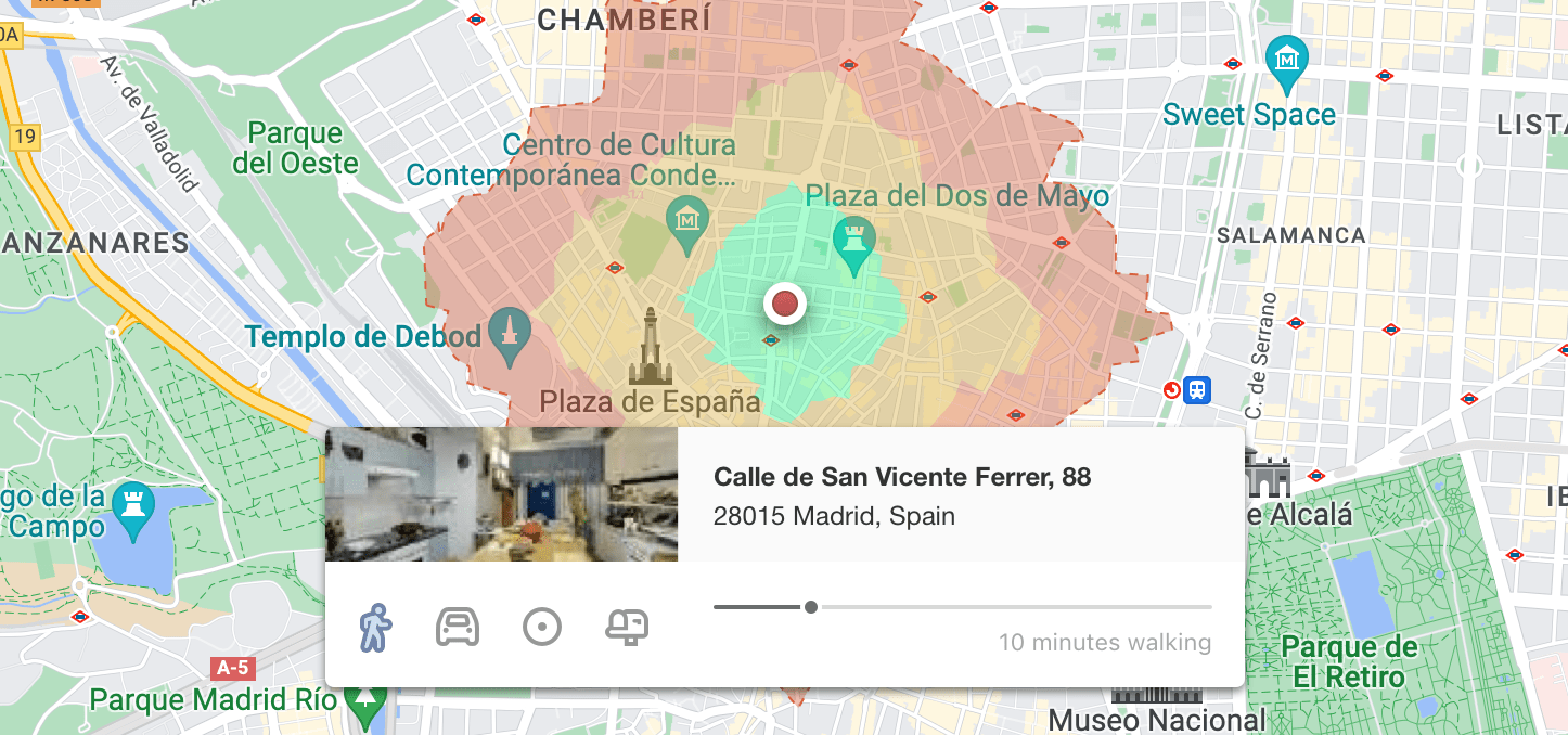 Catchment area created by walking time, showing a 10-minute walking radius around a point