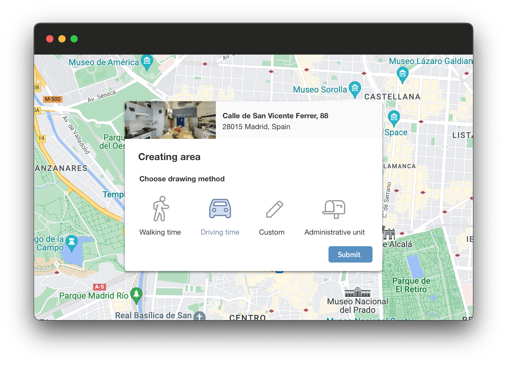 High-fidelity mockup of an early iteration showing a popup with geographic information and area type buttons
