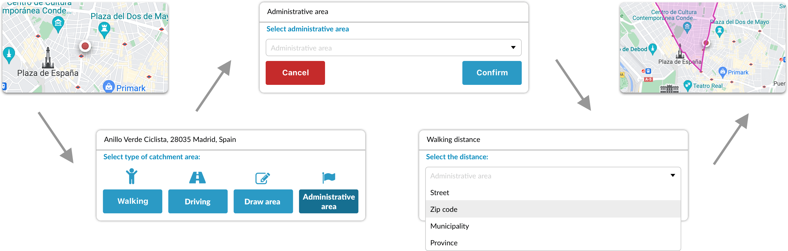 User flow diagram showing the old area creation process for administrative areas, requiring dropdown selection