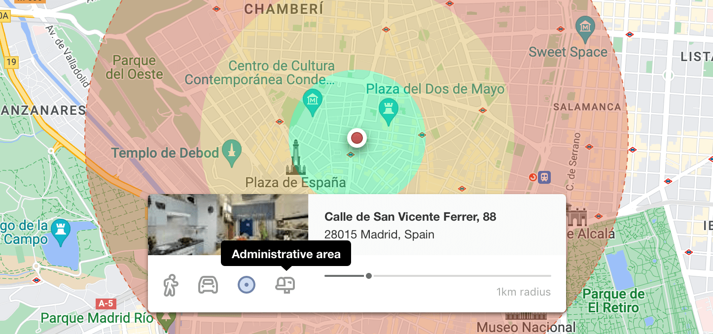 Catchment area interface showing an informative tooltip on the administrative area icon