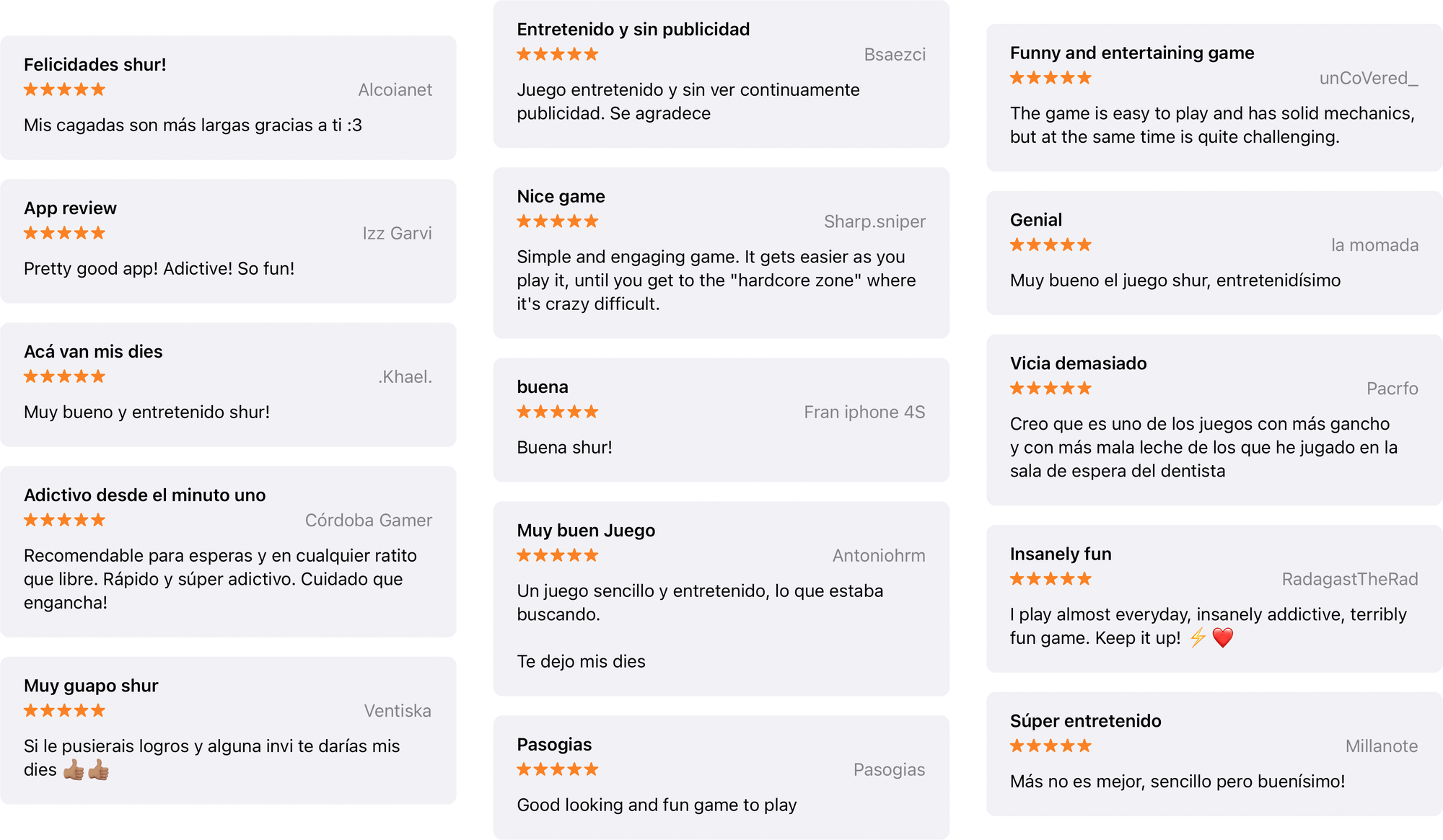 App Store reviews showing multiple five-star ratings with positive comments about gameplay and art style