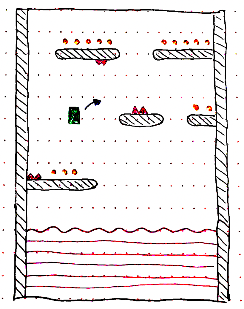 Paper sketch of the vertical portrait approach showing platform placement and character movement