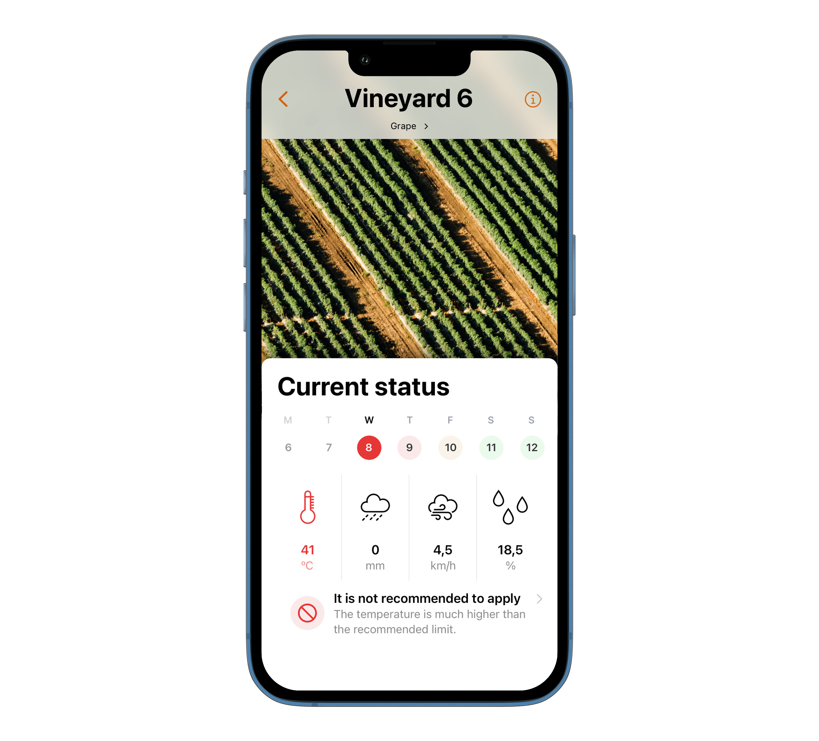 Detailed treatment view for a vineyard showing parameter breakdown